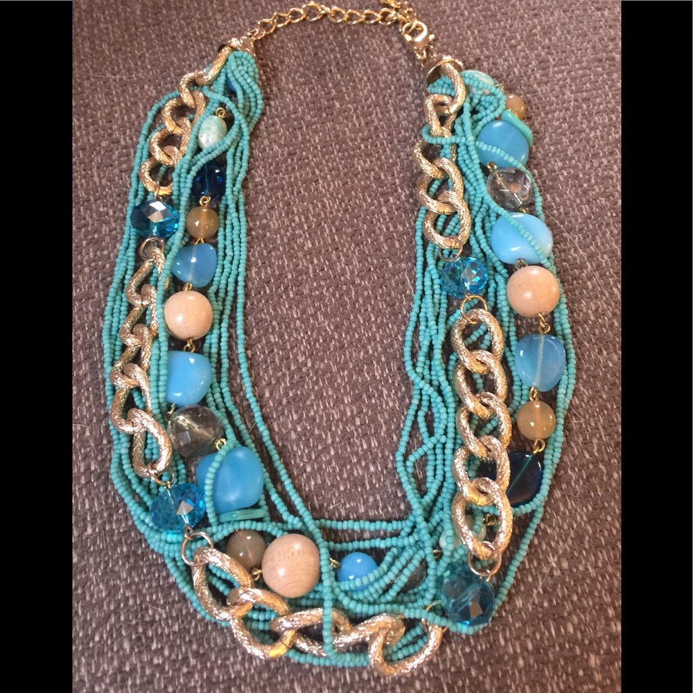 Multi-Layer Turquoise Crystal, Glass & Bead Necklace